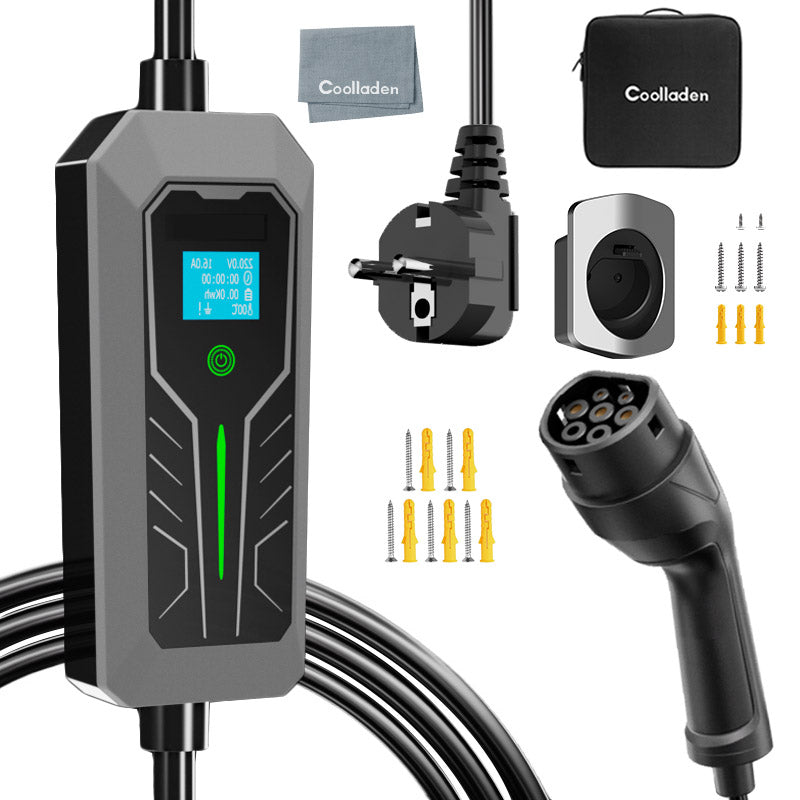 Coolladen Type 2 Charging Cable Schuko 3.5W 1-phase,Mobile Wallbox EV Charger with controllable digital display for electric car, charger with OLED screen for i3, e-Up, ID.3, ID.4, Zoe, fortwo, Kona and other EV