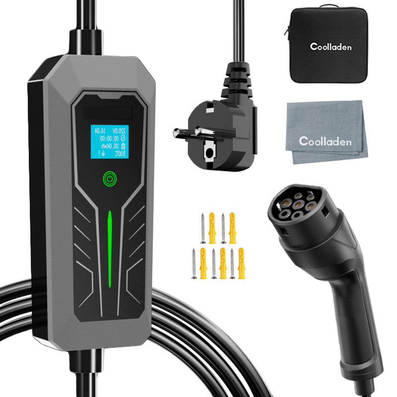 Coolladen Type 2 Charging Cable Schuko 3.5W 1-phase,Mobile Wallbox EV Charger with controllable digital display for electric car, charger with OLED screen for i3, e-Up, ID.3, ID.4, Zoe, fortwo, Kona and other EV