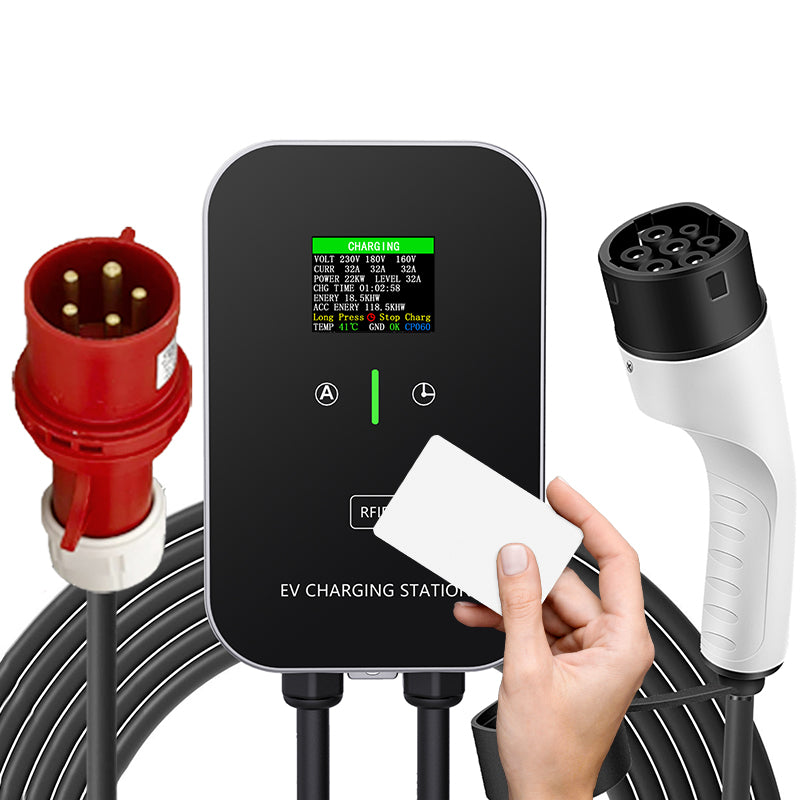 EV Charger Smart 11~22kW Hjemmeladestasjon, Wallbox 5m ladekabel med laderholder, CEE 3-fas plugg for alle elbiler og PHEVer