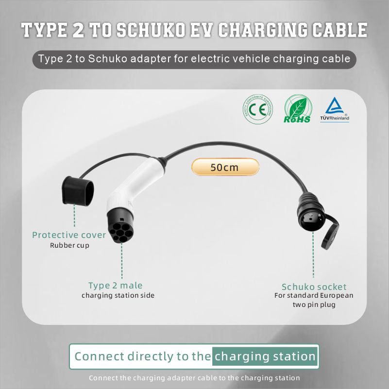 Adapter Type 2 to Schuko Electric Car Charger Plug, 16 A, 0.5/4 m. Easy Charging on Charging Stations / Wall Boxes,Use of 230 V Chargers for E-Bike, E-Scooter, Motorcycle,IP55