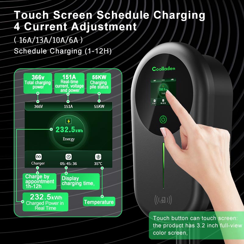 Coolladen Ładowarka EV Smart APP z domową stacją ładującą 32A typu 2 o mocy 22kW, kabel do ładowania Wallbox 5/10m z uchwytem na ładowarkę do sterowania aplikacją CEE 3-fazowa wtyczka do wszystkich pojazdów elektrycznych i PHEV