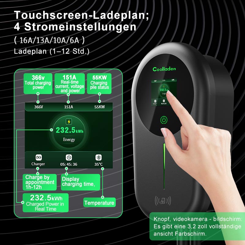 Coolladen EV-lader Smart APP med 32A Type 2 22kW hjemme-ladestasjon, veggboks 5/10m ladekabel med ladestasjonsholder App-kontroll CEE 3-fase plugg for alle elbiler og PHEV-er