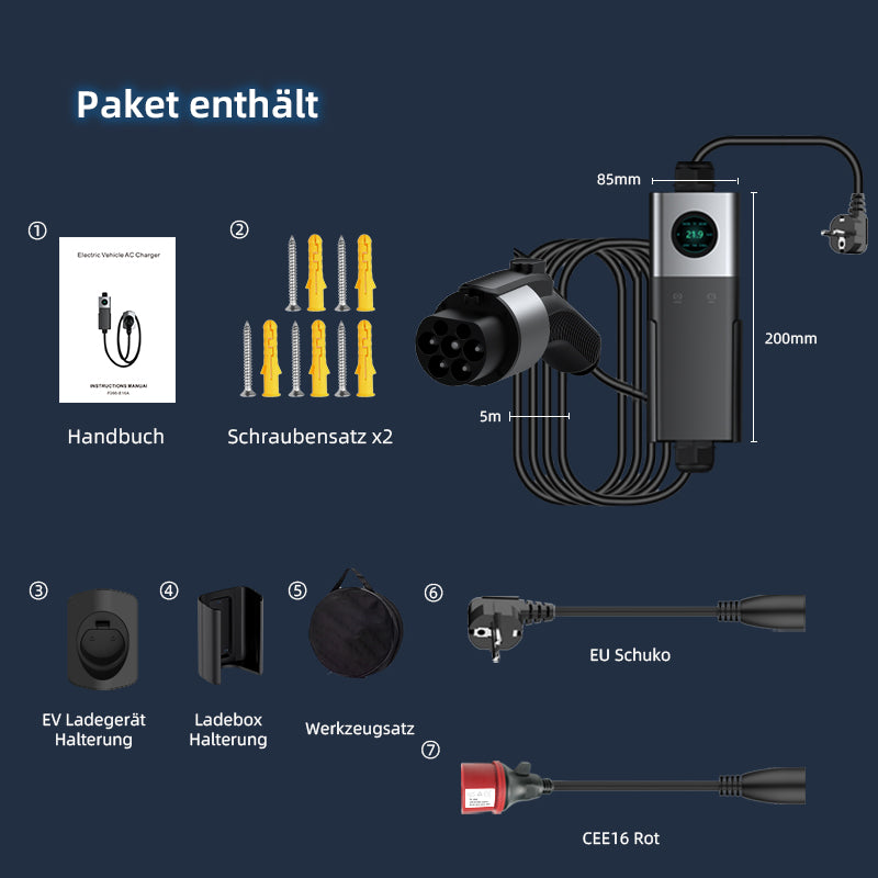 Coolladen Coolladen Mobile Wallbox WiFi Med APP, Lader opp til 11kW, EV Lader Type 2, 5M Kabel, Touchscreen Display, Justerbar strømstørrelse Med Schuko 16A/CEE 16A Rød