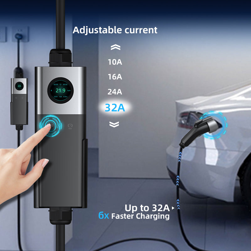 Coolladen Coolladen Mobile Wallbox WiFi Med APP, Lader opp til 11kW, EV Lader Type 2, 5M Kabel, Touchscreen Display, Justerbar strømstørrelse Med Schuko 16A/CEE 16A Rød