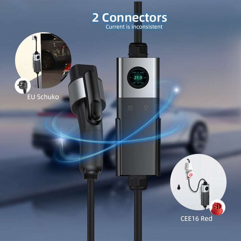 Coolladen Coolladen Mobile Wallbox WiFi Med APP, Lader opp til 11kW, EV Lader Type 2, 5M Kabel, Touchscreen Display, Justerbar strømstørrelse Med Schuko 16A/CEE 16A Rød