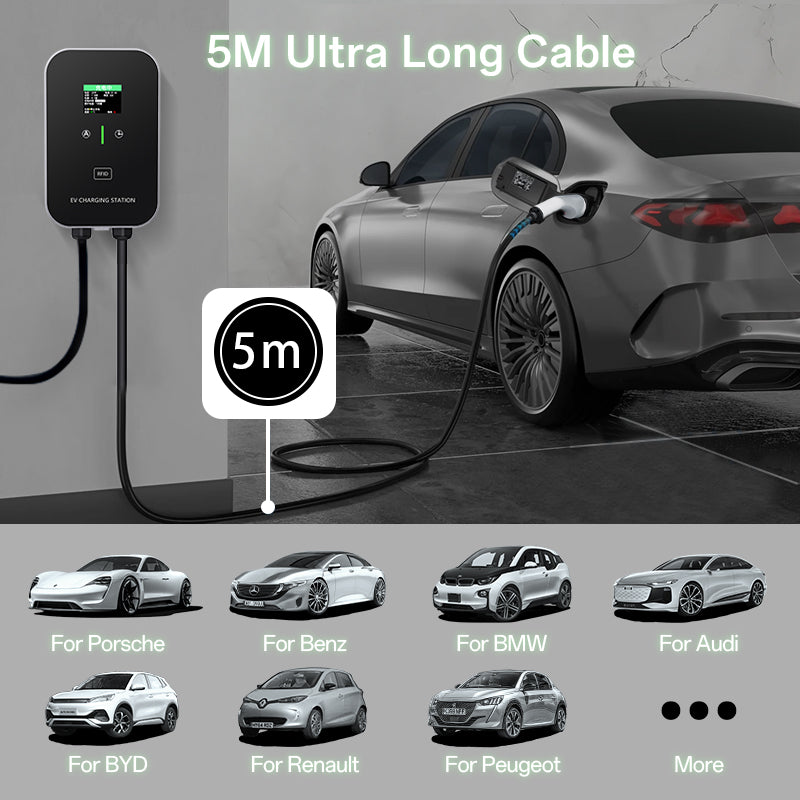 EV Charger Smart 11~22kW Hjemmeladestasjon, Wallbox 5m ladekabel med laderholder, CEE 3-fas plugg for alle elbiler og PHEVer