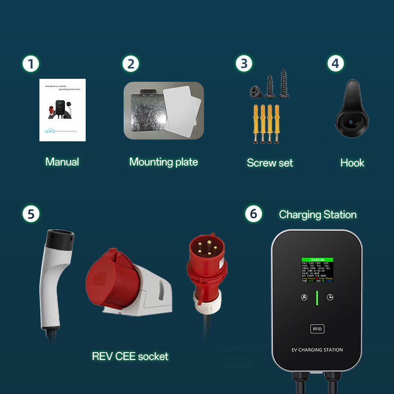 EV Charger Smart 11~22kW Hjemmeladestasjon, Wallbox 5m ladekabel med laderholder, CEE 3-fas plugg for alle elbiler og PHEVer