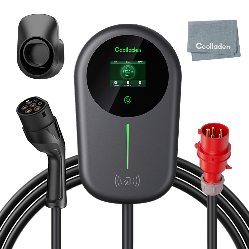 Coolladen Ładowarka EV Smart APP z domową stacją ładującą 32A typu 2 o mocy 22kW, kabel do ładowania Wallbox 5/10m z uchwytem na ładowarkę do sterowania aplikacją CEE 3-fazowa wtyczka do wszystkich pojazdów elektrycznych i PHEV