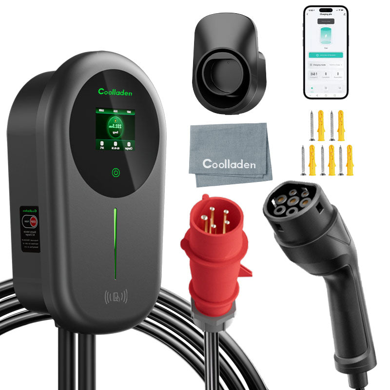 Coolladen EV Charger Smart APP, jossa 32A Type 2 11kW kotilatausasema, Wallbox 5/10m latauskaapeli ja laturin pidike App Control CEE 3-vaiheinen pistoke kaikille sähköautoille ja PHEV:ille