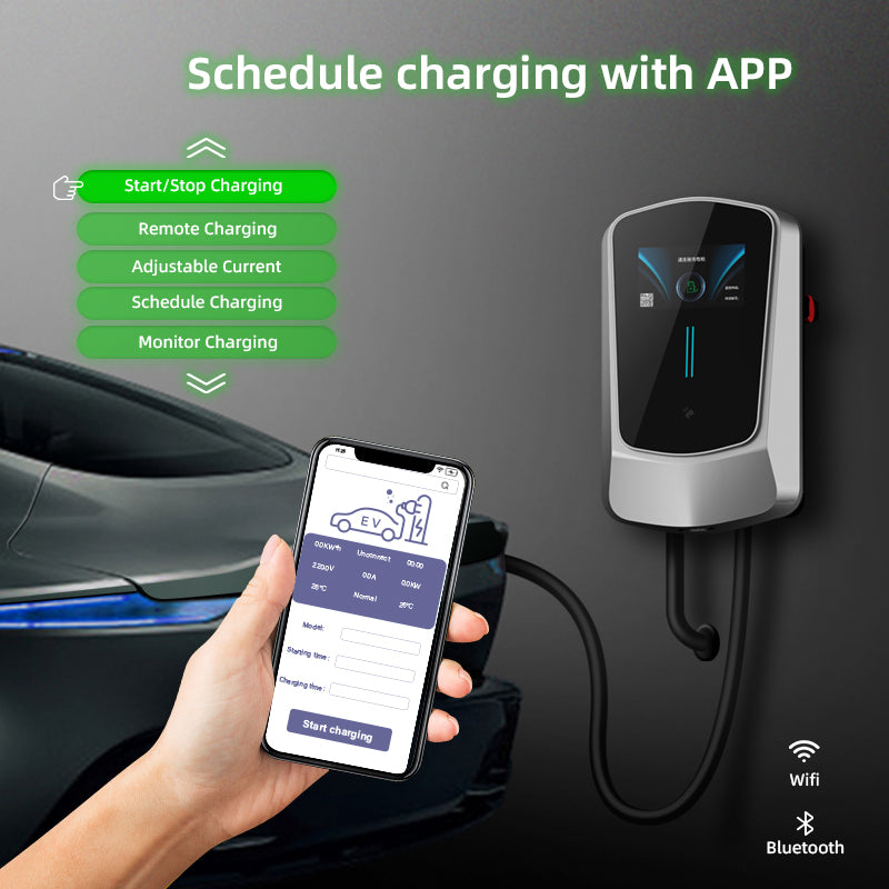 Coolladen EV lader Smart APP med 32A Type 2 22kW hjemmeladestasjon 400V CE & TÜV wallbox 5m ladekabel med laderholder appkontroll CEE 3-fase plugg for alle elbiler og PHEVer