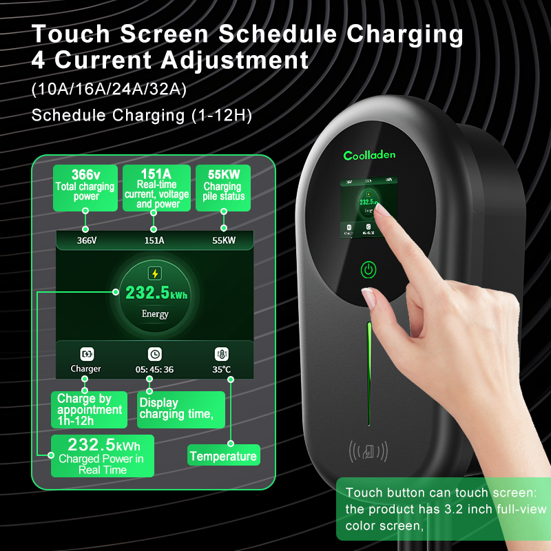 Coolladen EV Charger Smart APP With 32A Type 2 22kW Home Charging Station, Wallbox 5/10m Charging Cable With Charger Holder App Control CEE 3-Phase Plug For All EVs And PHEVs