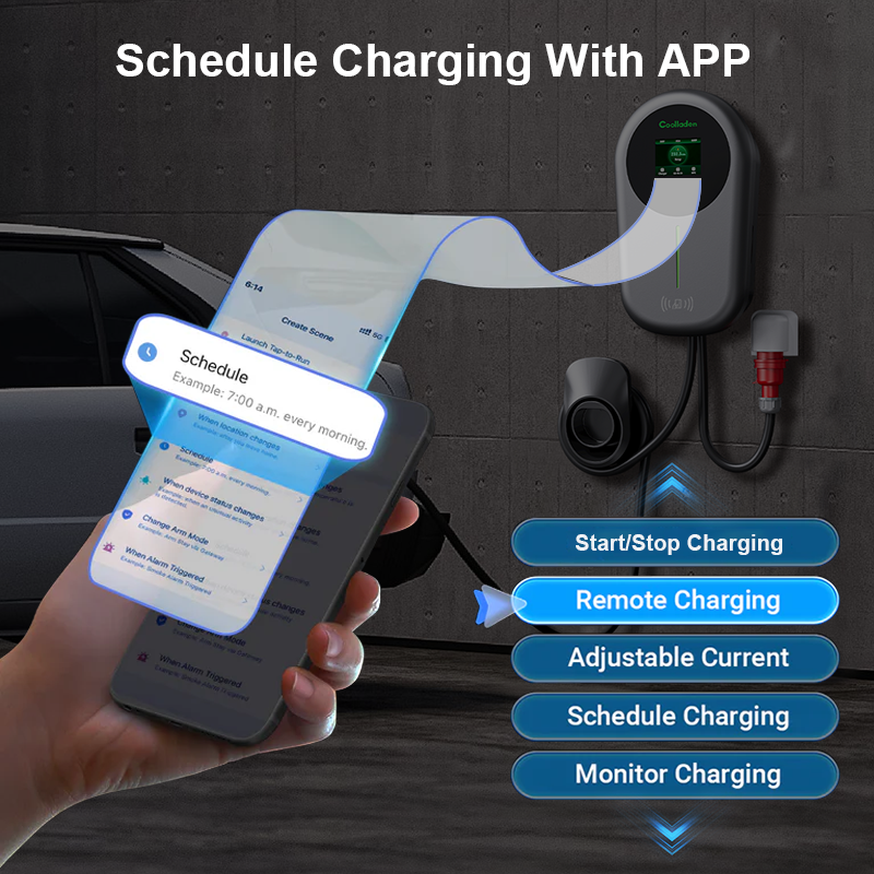 Coolladen EV Charger Smart APP With 32A Type 2 22kW Home Charging Station, Wallbox 5/10m Charging Cable With Charger Holder App Control CEE 3-Phase Plug For All EVs And PHEVs