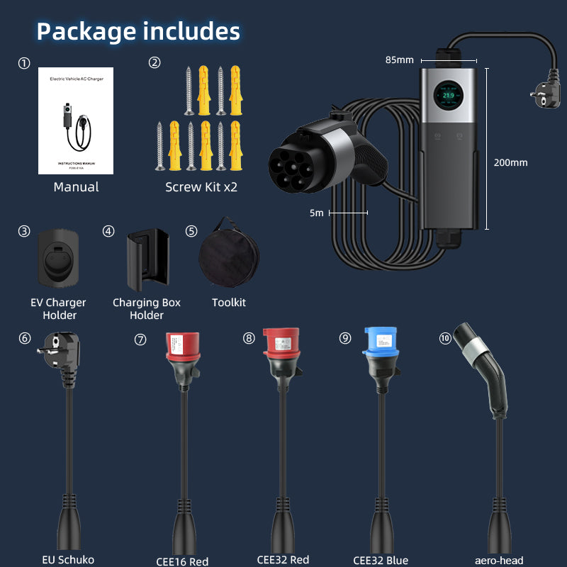 Coolladen Mobile Wallbox WiFi med APP, lader opptil 22kW, EV-lader type 2, 5M kabel, berøringsskjerm, justerbar strømstørrelse med Schuko 16A/CEE 32A rød/CEE 16A rød/CEE 32A blå/Type 2-kontakt