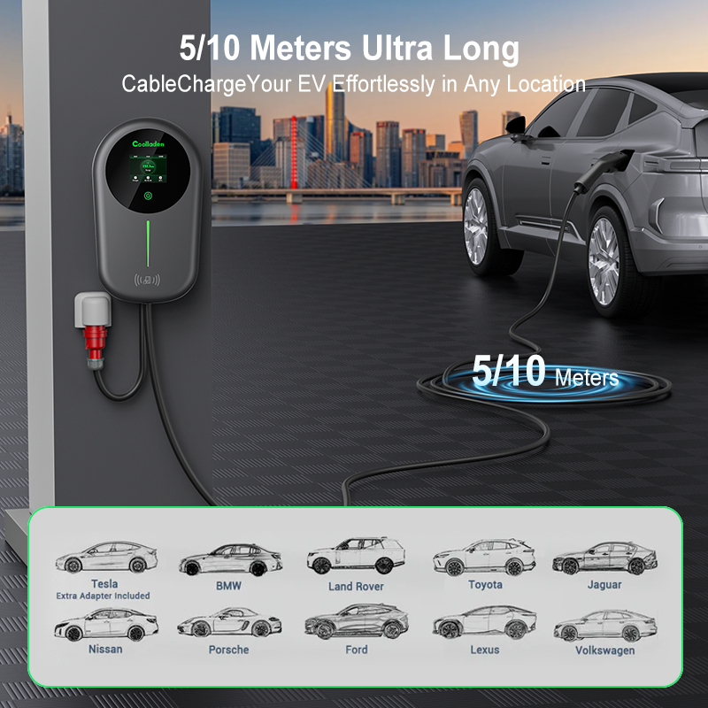 Coolladen EV-lader Smart APP med 32A Type 2 22kW hjemme-ladestasjon, veggboks 5/10m ladekabel med ladestasjonsholder App-kontroll CEE 3-fase plugg for alle elbiler og PHEV-er