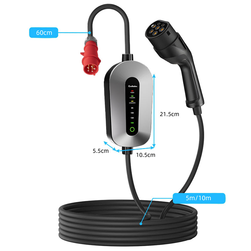 Coolladen ladekabel type 2 CEE plugg 11 kW [3-fase|5/10m|6-16A] med justerbar ladeeffekt, ladestasjon og elbillader for ID.3/4/5, e-up, e-tron, Zoe og annen EV