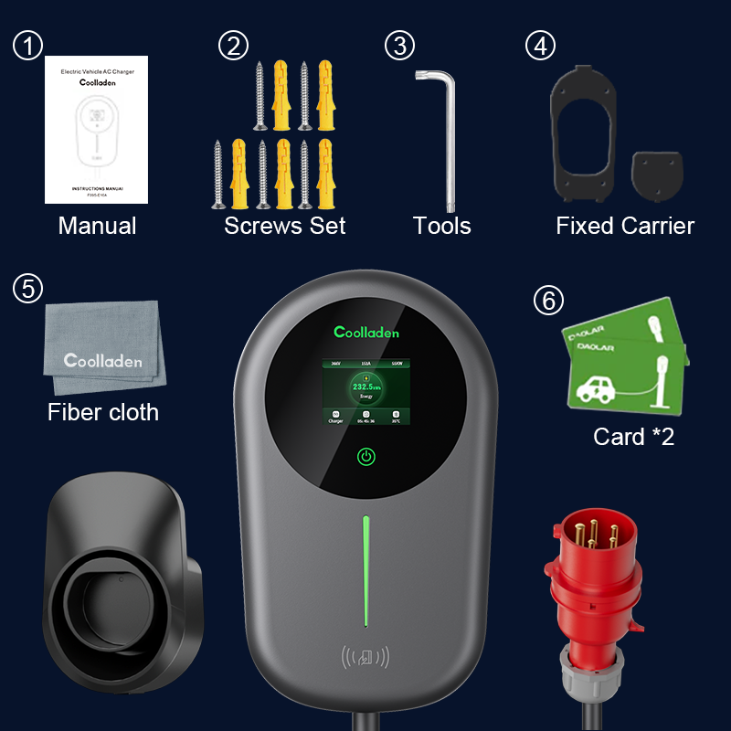 Coolladen EV-ladder Smart APP med 32A type 2 22kW Home Ladingstasjon, 5/10m ladekorer med CEE 3-fase-plugg for alle EV-er og PHEV-er