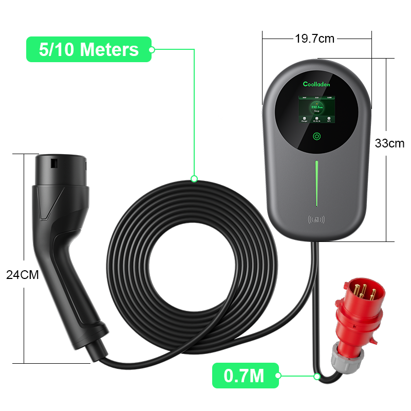 Coolladen Ładowarka EV Smart APP z domową stacją ładującą 32A typu 2 o mocy 22kW, kabel do ładowania Wallbox 5/10m z uchwytem na ładowarkę do sterowania aplikacją CEE 3-fazowa wtyczka do wszystkich pojazdów elektrycznych i PHEV