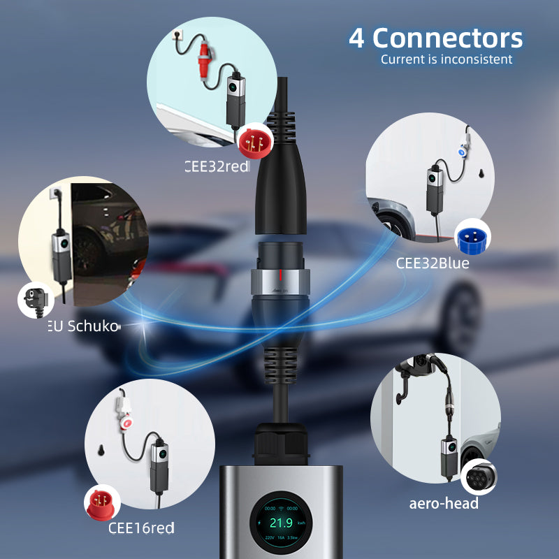 Coolladen Mobile Wallbox WiFi med APP, lader opptil 22kW, EV-lader type 2, 5M kabel, berøringsskjerm, justerbar strømstørrelse med Schuko 16A/CEE 32A rød/CEE 16A rød/CEE 32A blå/Type 2-kontakt