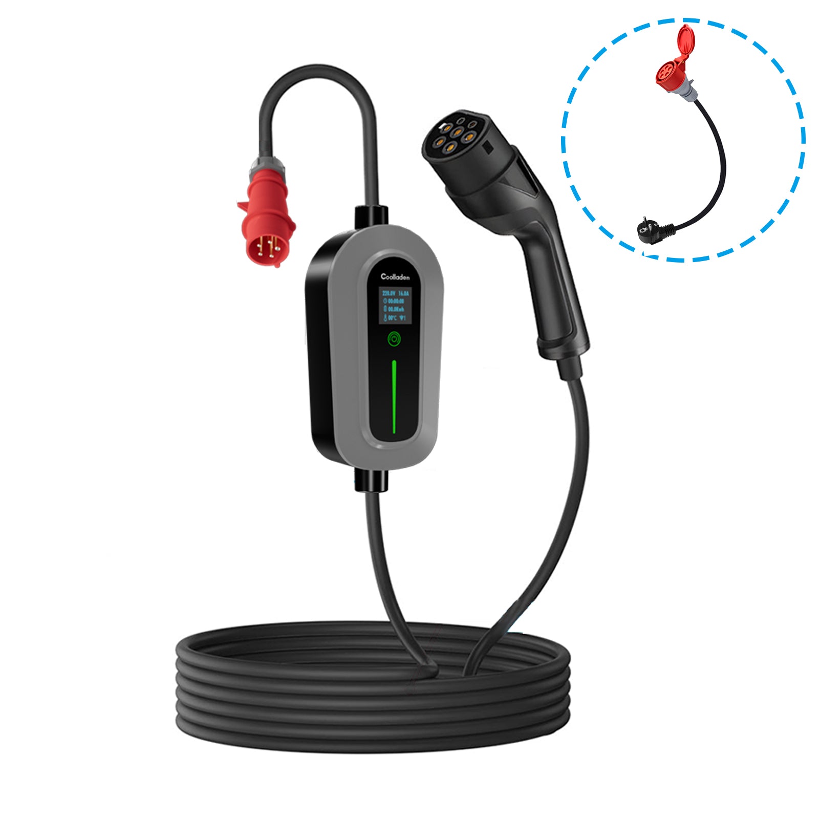 Coolladen Charging Cable Type 2 CEE Plug 11 KW [3-Phase|5/10m|6-16A] With Adjustable Charging Power, Charging Station And EV Charger For ID.3/4/5, E-Up, E-Tron, Zoe And Other EV