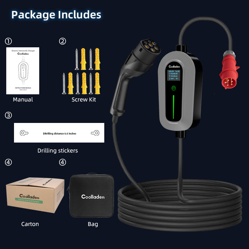 Coolladen Charging Cable Type 2 CEE Plug 11 KW [3-Phase|5/10m|6-16A] With Adjustable Charging Power, Charging Station And EV Charger For ID.3/4/5, E-Up, E-Tron, Zoe And Other EV