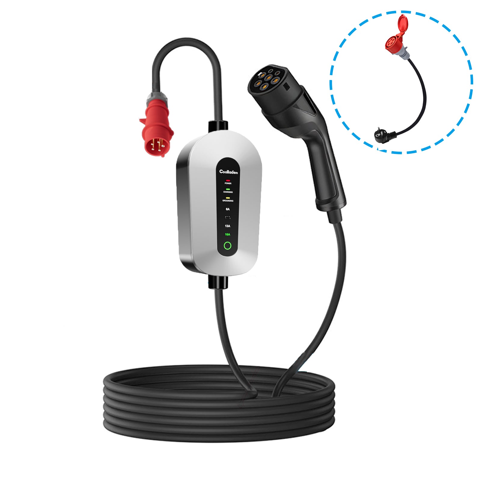 Coolladen charging cable type 2 CEE plug 11 KW [3-phase|3/5m|6-16A] with adjustable charging power, charging station and EV charger for ID.3/4/5, E-Up, E-Tron, Zoe and other EV