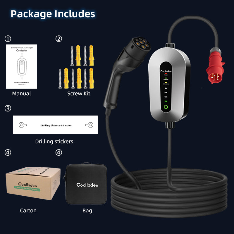 Coolladen charging cable type 2 CEE plug 11 KW [3-phase|3/5m|6-16A] with adjustable charging power, charging station and EV charger for ID.3/4/5, E-Up, E-Tron, Zoe and other EV